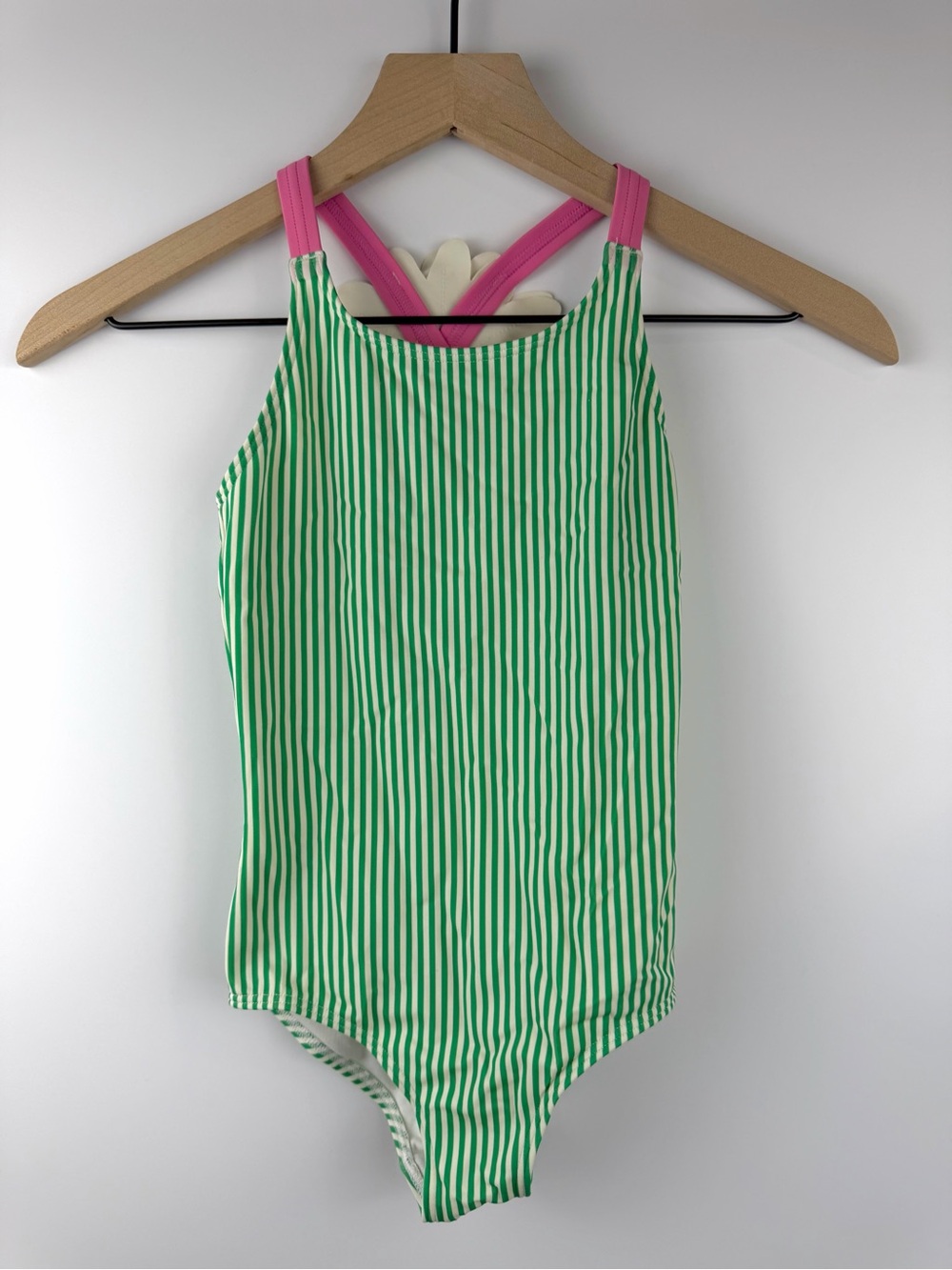 Mini Boden Girls 6-7 Green Striped Daisy Flower Swimsuit